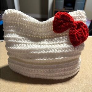 Hand crocheted White cat ear red bow beanie crafted soft acrylic